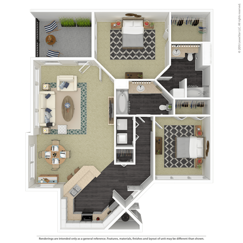 Floor plan for 2 beds, 2 baths, 964 sqft